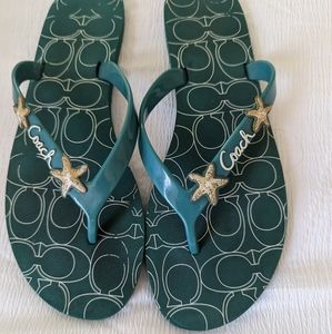 Teal Coach Monogram beach thong sandals/ flip flops